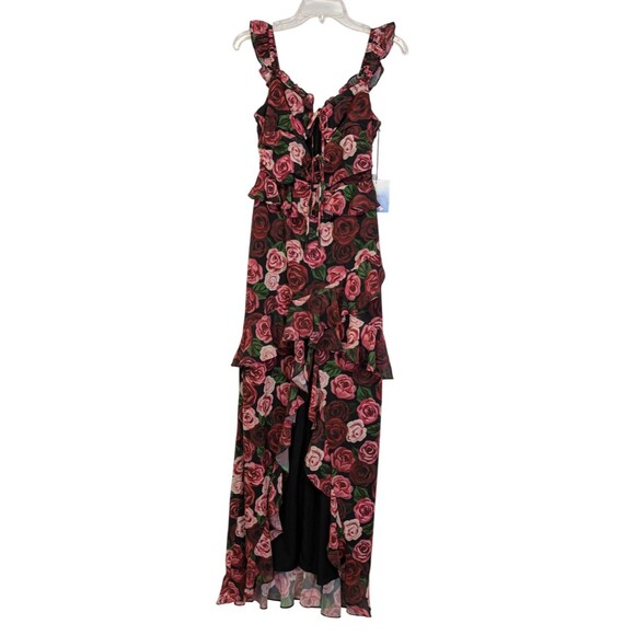 MAJORELLE Black Floral Red Rose Dress Ruffles Romantic Hi Low Flowy Gown Small - Picture 3 of 16